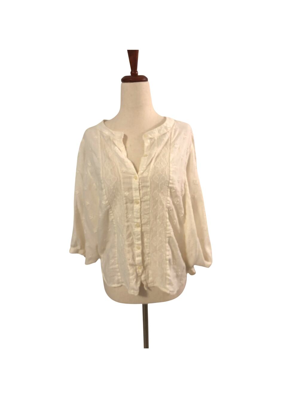 ANA A New Approach Blouse Small Ivory Swiss Dot Dolman Sleeve Button Front Top